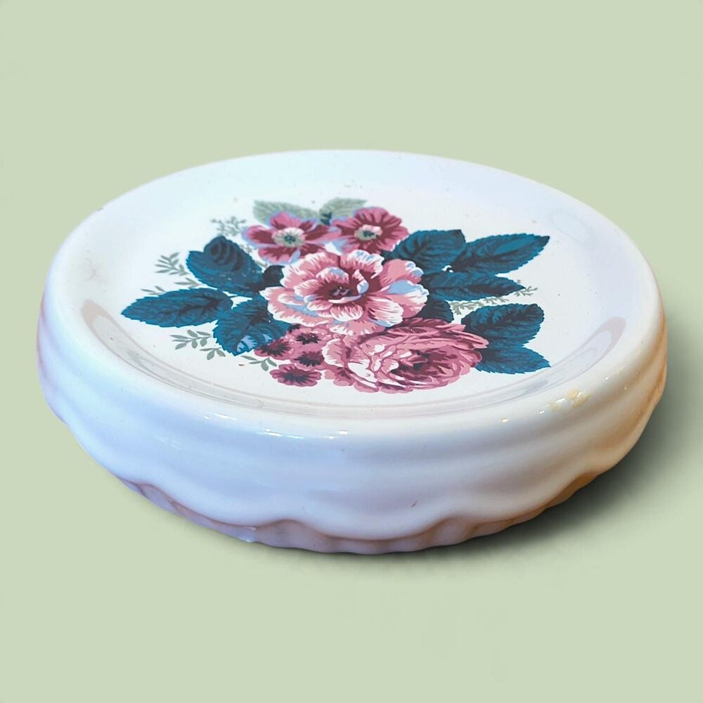 Vintage Ceramic Floral Soap Dish Round Pink Rose Bouquet Trinket Tray Coaster